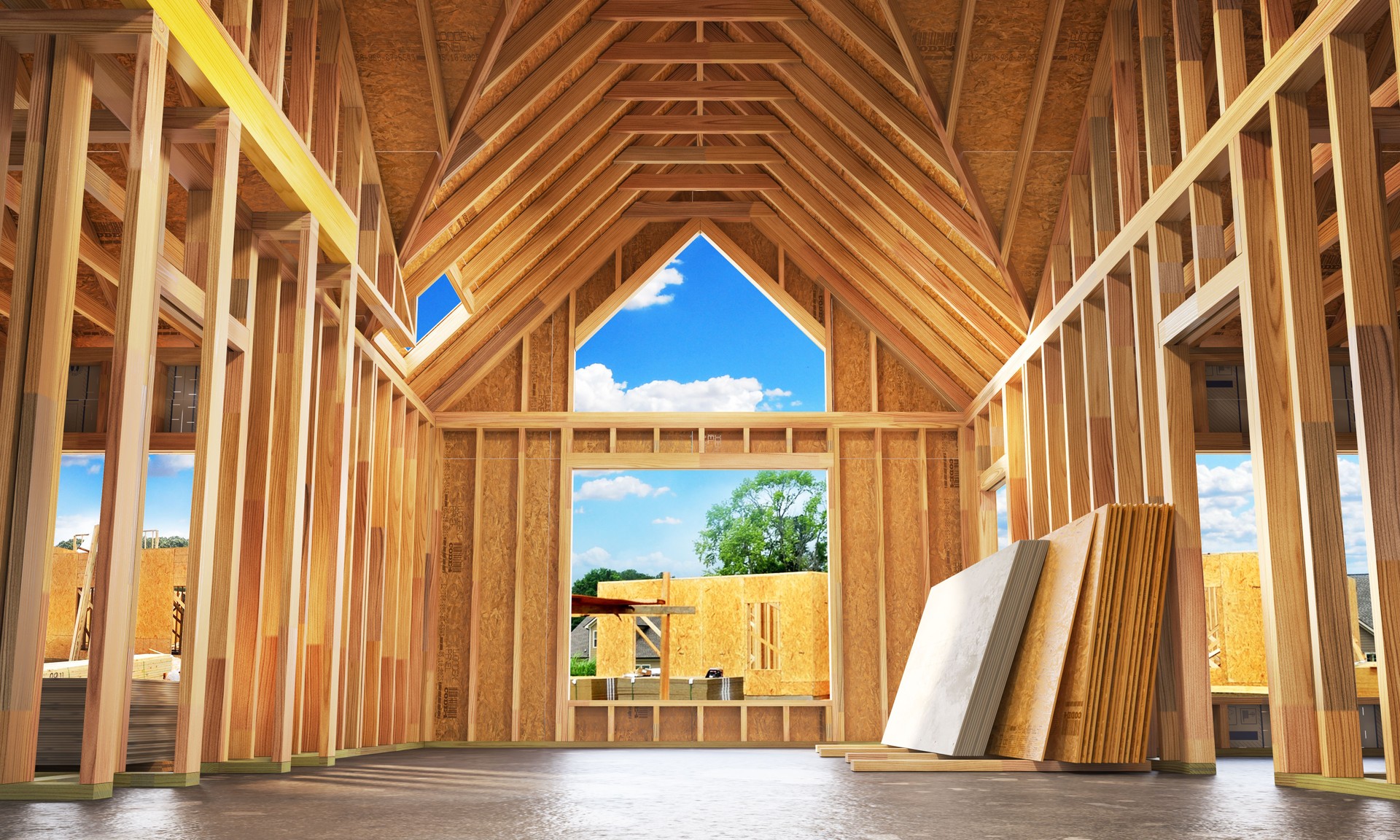 Unfinished frame house on a sky background. 3d illustration