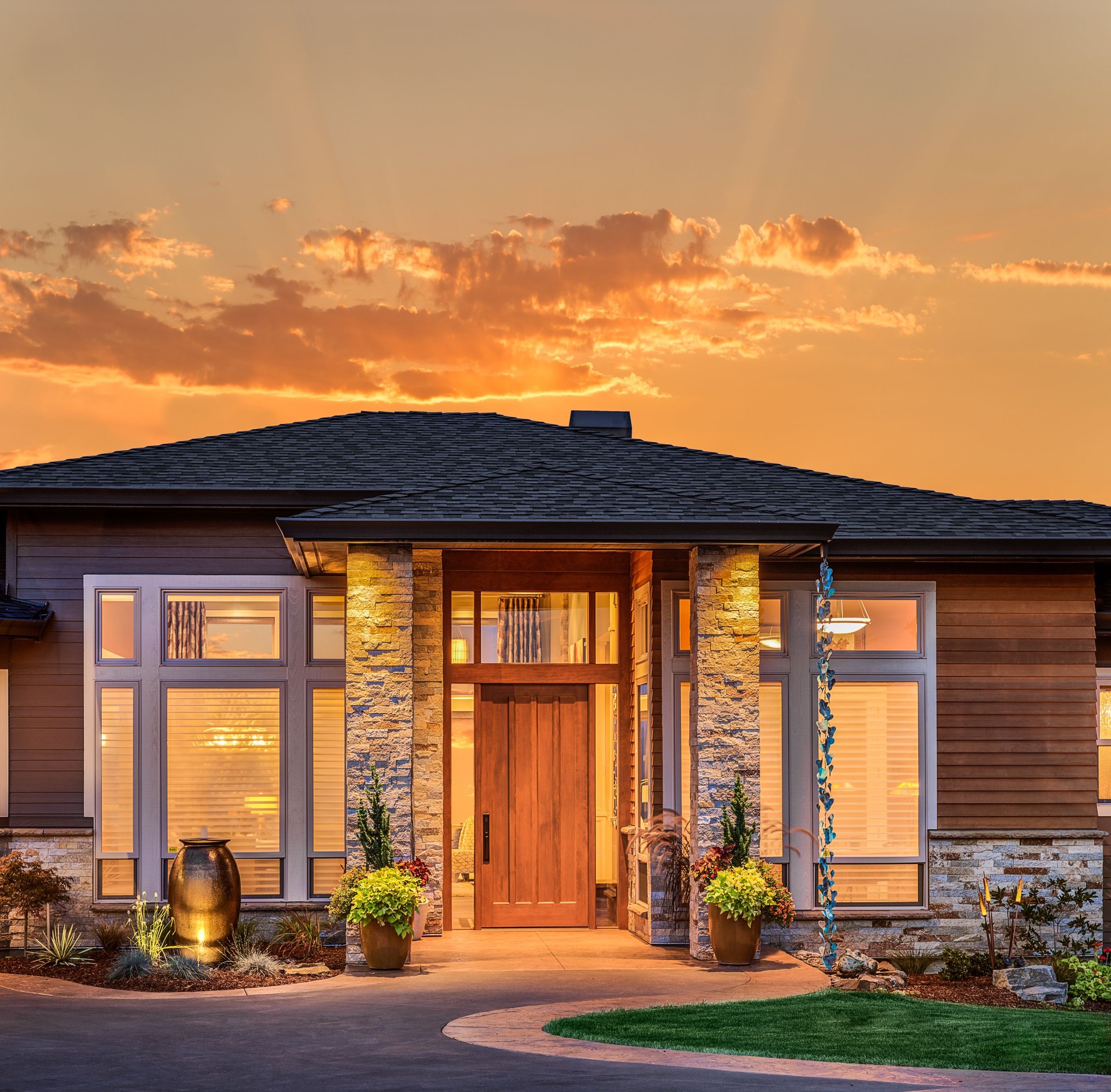 Beautiful Home Exterior at Sunrise and Sunset