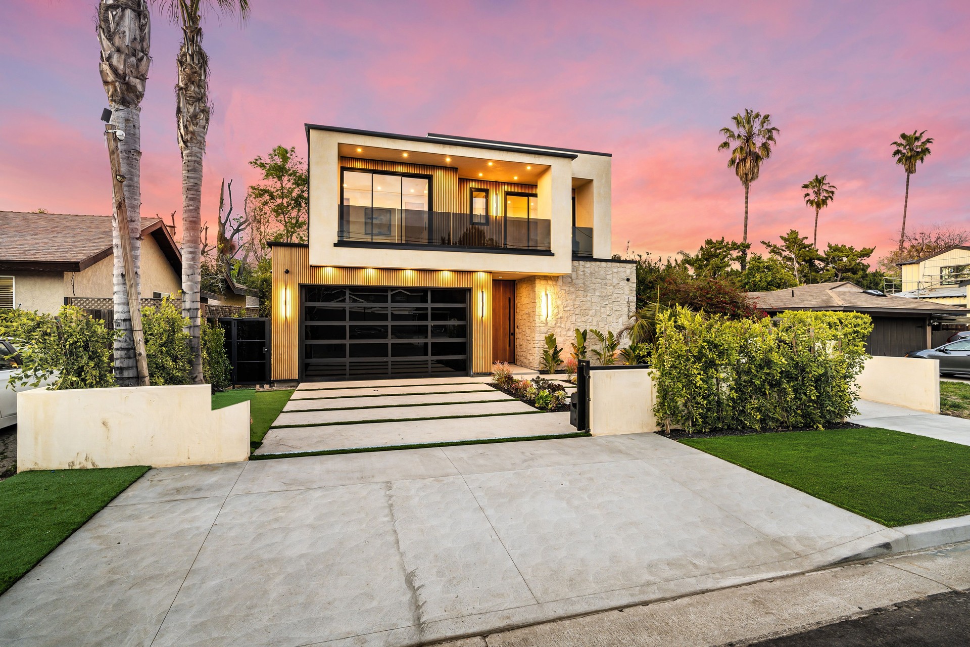 Modern two-story house at sunset